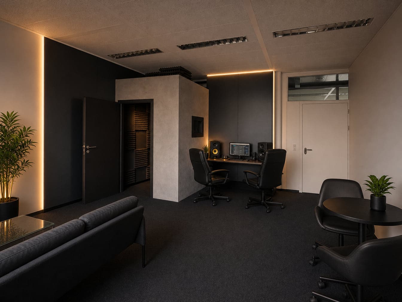 Régie d'Orbit Studio : poste de travail avec écran de séquenceur et enceintes de monitoring, face à la porte ouverte de la cabine traitée acoustiquement